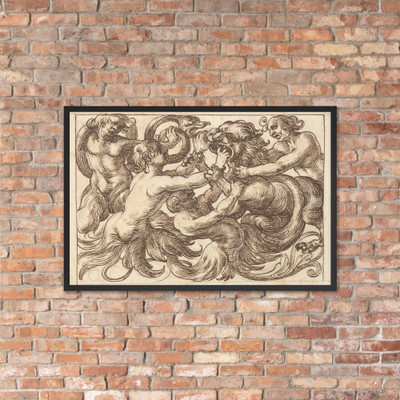 Horizontal Panel Design with Four Male Figures Fighting a Lion - Anonymous, Italian, Venetian, 17th century - 17th century (first half) - Matte Paper Framed Poster Museum quality 7705490