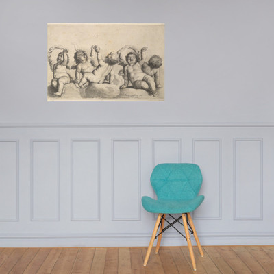 Three cherubs and two boys on clouds, each raising one arm - Wenceslaus Hollar - 1646 - Paper Poster Museum quality 7738926