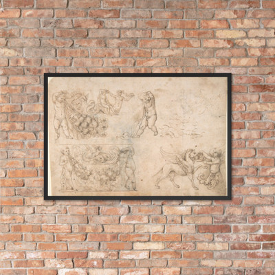 Studies after Antique Frieze Figures, Including Putti with Garlands, with a Chimera and Dolphins (recto); Sketch of a Head (verso) - Anonymous, Italian, Tuscan, late 15th century - ca. 1490 - Matte Paper Framed Poster Museum quality 7741109