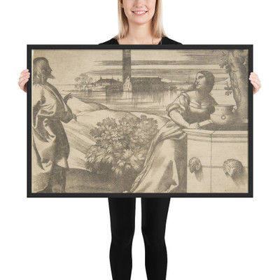 Christ standing at left addressing the Woman of Samaria at right who is standing by a well, lagoon in the background - Giulio Campagnola - ca. 1510–12 - Photo Paper Framed Poster Museum quality 7740879