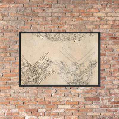 Designs for the Decoration of a Frieze and Corner Motifs (recto); Design for Two Frames Decorated with Volutes, Garlands and the Head of a Putto (verso) - Giovanni Battista Foggini - 1652–1725 - Matte Paper Framed Poster Museum quality 7741407