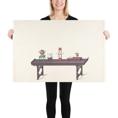 Long, Low Purple Lacquer Table with Objects - Anonymous, Chinese, 19th century - 19th century - Paper Poster Museum quality 7724471