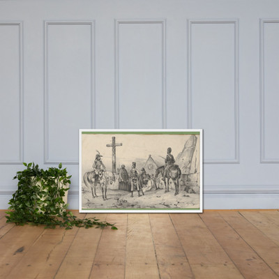 Soldiers gathered in front of a church with priests and a crucifix - Victor Adam - mid–19th century - Matte Paper Framed Poster Museum quality 7724873