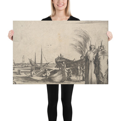 Three Turks and an Italian gentleman standing to right, men work on small boats in center, a fortress to left in the background, from 'Set of eight nautical landscapes' (Suite de huit Marines) - Stefano della Bella - 1639 - Canvas