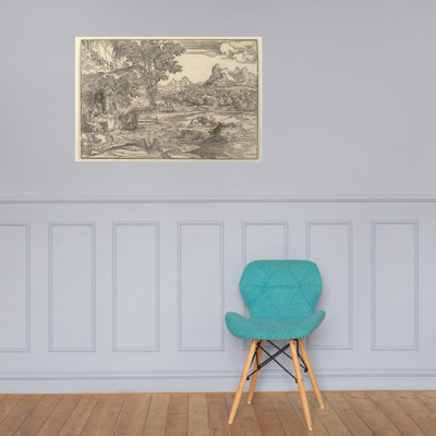 Landscape with Saint Jerome at left looking towards lion and bear  fighting at center; two figures with mule in the background - Domenico Campagnola - ca. 1530–35 - Paper Poster Museum quality 7740194