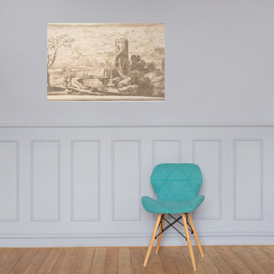 Landscape with Round Tower and Figures Crossing a Bridge - Anonymous, Italian, Roman-Bolognese, 17th century - 17th century - Photo Paper Poster Museum quality 7746138