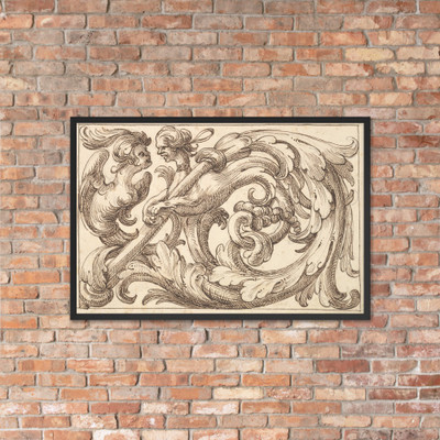 Horizontal Panel Design with Two Hybrid Creatures Interspersed between Acanthus Rinceaux - Anonymous, Italian, Venetian, 17th century - 17th century (first half) - Matte Paper Framed Poster Museum quality 7723813