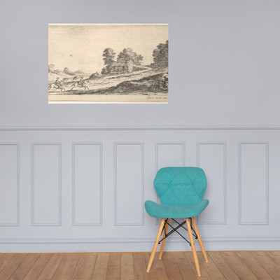 Plate 9: two horsemen at left galloping uphill towards the right, a horse and seated man to right, from 'Various landscapes' (Divers paysages) - Stefano della Bella - ca. 1641 - Paper Poster Museum quality 7738590