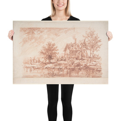 Farm House along a River, two figures at left - Antoine Watteau - n.d. - Paper Poster Museum quality 7746535