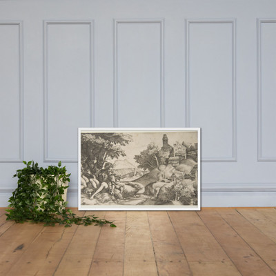 At left four shepherds with musical instruments seated under a group of trees; at right a hilly landscape with buildings - Giulio Campagnola - ca. 1517 - Photo Paper Framed Poster Museum quality 7740671