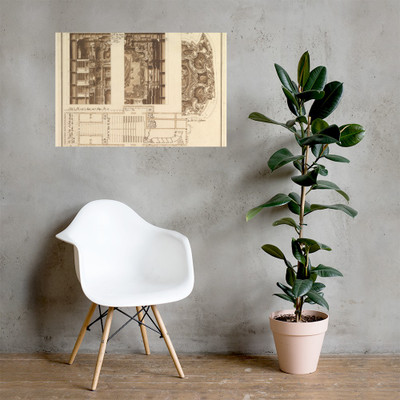 Designs for the Theater at Nancy: View of Half the Proscenium and a Half a Section of It; End of the Ceiling; and Ground Plan - Francesco Galli Bibiena - 1659–1739 - Paper Poster Museum quality 7797745