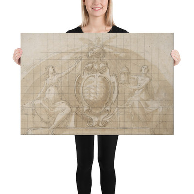 Design for a Lunette Decoration: Coat of Arms Flanked by Seated Allegorical Figures (recto and verso) - Pomarancio (Cristoforo Roncalli) - 1553–1626 - Canvas Museum quality 7796636