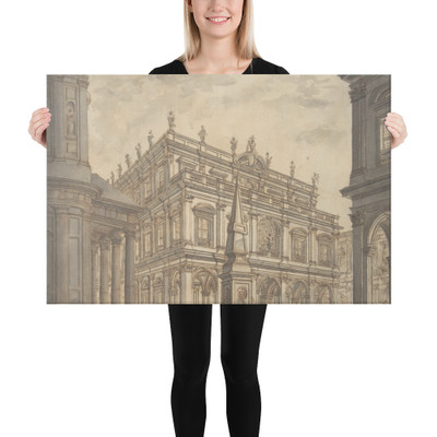 Design for a Stage Set: A Town Square with a Fountain. - Ferdinando Galli Bibiena - 1657–1743 - Canvas Museum quality 7796940