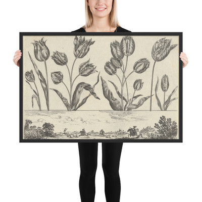 Horizontal Panel with a Row of Flowers Above a Frieze with a Hunting Scene in a Landscape, from Livre Nouveau de Fleurs Tres-Util - Nicolas Cochin - 1645 - Matte Paper Framed Poster Museum quality 7794527