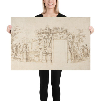 Design for a Painted Wall Decoration, with Figures in a Landscape with Classical Ruins - Anonymous, Italian, first half of the 18th century - 18th century - Canvas Museum quality 7796709