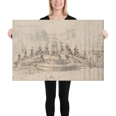 Manuscript page with a Project for a Fountain (recto) and Project and Plan for a Monumental Staircase (verso) - Luigi Vanvitelli - ca. 1740–60 - Canvas Museum quality 7795243