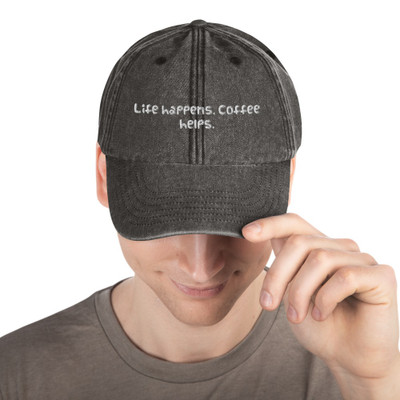 Life happens. Coffee helps. - Vintage Beechfield Dad hat Funny quotes 7820633