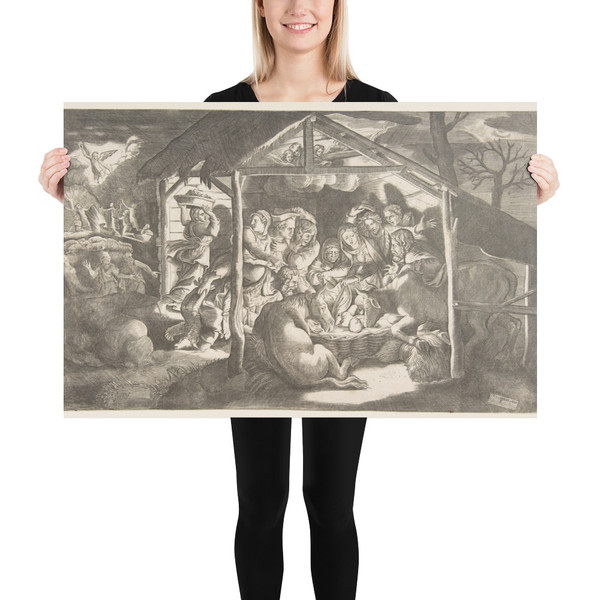 The adoration of the shepherds, various figures at night surround the Christ Child - Giulio Bonasone - ca. 1550–60 - Photo Paper Poster Museum quality 7747455