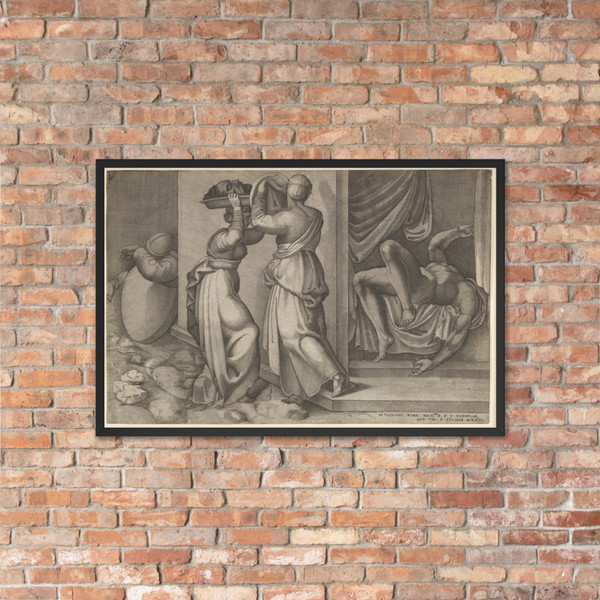Judith giving the head of Holofernes on a platter, which is about to be covered with a cloth, to her servant, with the foreshortened, naked body of Holofernes at right - Enea Vico - 1546 - Matte Paper Framed Poster Museum quality 7746835