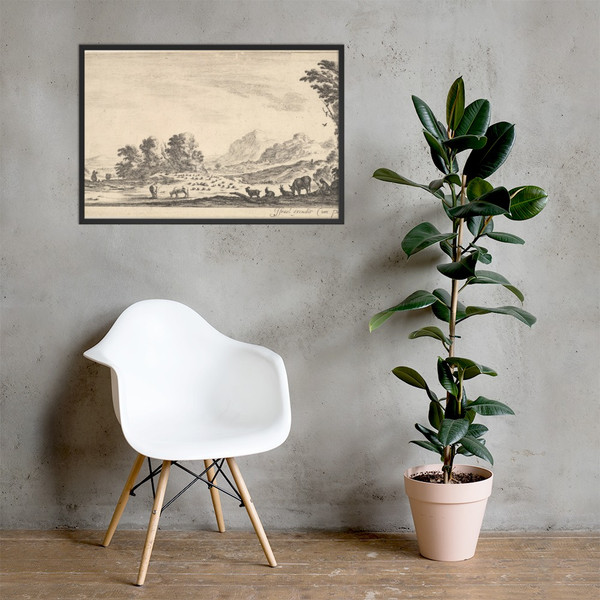 Plate 11: shepherdess seated to the right under a tree, watching her flock to the left, mountains to right in the background, from 'Various landscapes' (Divers paysages) - Stefano della Bella - ca. 16