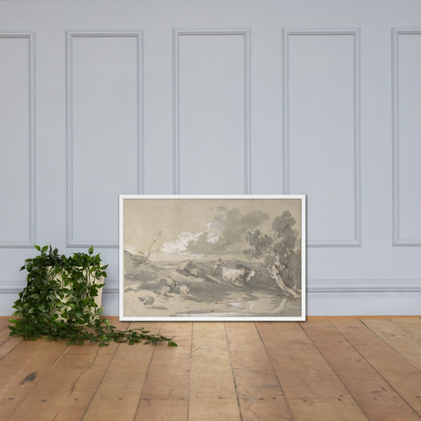 Open Landscape with Herdsman, Cows, and Sheep - Thomas Gainsborough - ca. 1785 - Matte Paper Framed Poster Museum quality 7743266