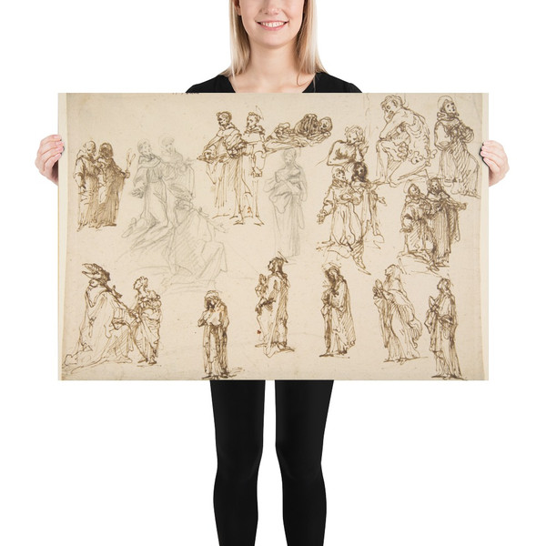 Figure Studies: Standing and Kneeling Clerics and Religious, Adam and Eve, and a Reclining Skeleton - Francesco Vanni - ca. 1602 - Paper Poster Museum quality 7744465