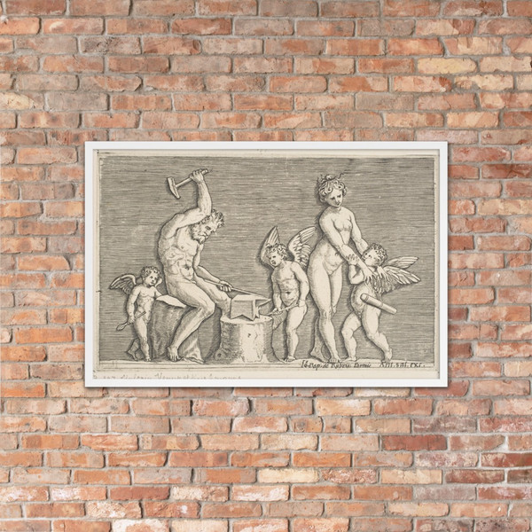 Vulcan seated hammering on an anvil flanked by Venus and three cupids - Marco Dente - ca. 1515–27 - Photo Paper Framed Poster Museum quality 7745761