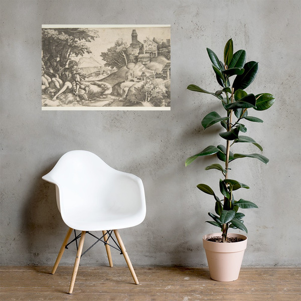 At left four shepherds with musical instruments seated under a group of trees; at right a hilly landscape with buildings - Giulio Campagnola - ca. 1517 - Paper Poster Museum quality 7740637