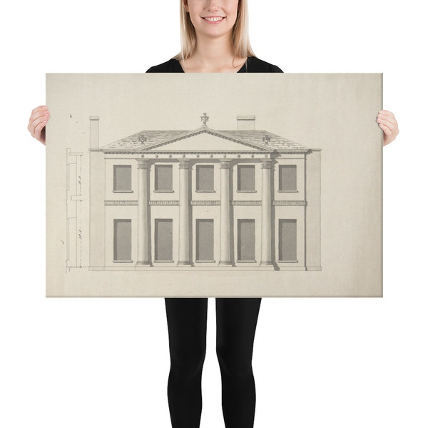 Design for a Building Facade of Two Storeys and Five Bays, with a Pediment and an Adamesque Portico, Elevation and Wall Plan - Anonymous, British, 18th century - 18th century - Canvas Museum quality 7704905
