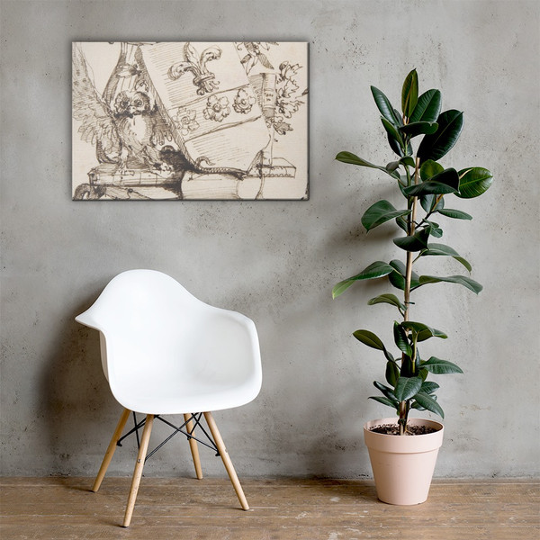 Drawing of a Decorated Coat of Arms surrounded by Books, Owl, Leaves, Vase and a Snake - Carlo Bianconi - 1732–1802 - Canvas Museum quality 7743154