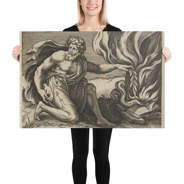 A man kneeling and placing a laurel branch upon a pile of burning books - Marco Dente - ca. 1515–27 - Paper Poster Museum quality 7745718