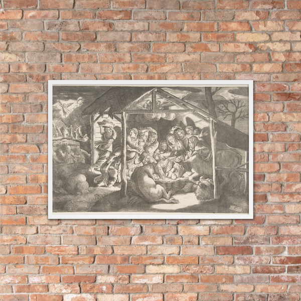 The adoration of the shepherds, various figures at night surround the Christ Child - Giulio Bonasone - ca. 1550–60 - Matte Paper Framed Poster Museum quality 7747377