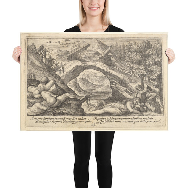 Aftermath of the Flood: human bodies strewn on dry land in the foreground, Noah's ark moored on a rocky outcrop beyond, from a series of engravings for the 'Liber Genesis' - Crispijn de Passe the Elde