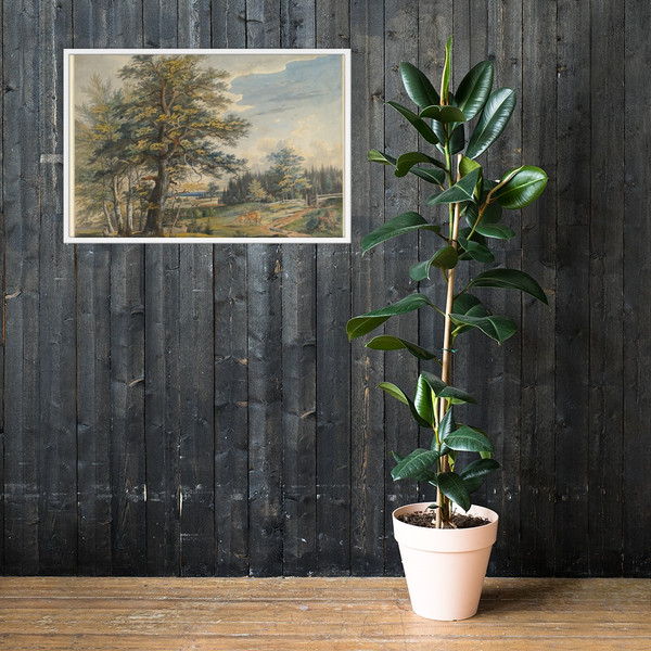 Wooded Landscape with Stag - Carl August Lebschee - 1800–1877 - Matte Paper Framed Poster Museum quality 7739970