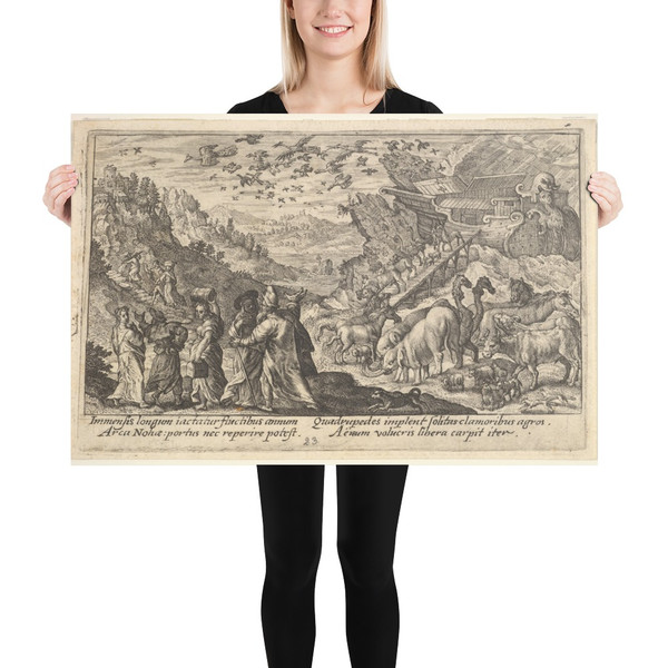 Noah leaving the ark with his family and animals: at left Noah's family carries supplies, at right animals descend on a ramp from the ark, above birds fly from the ark, from a series of engravings for