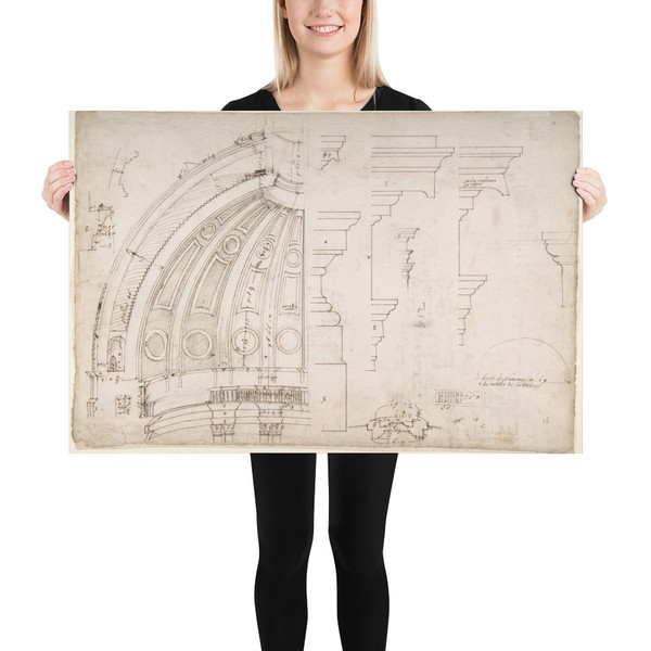 St. Peter's, dome and drum, interior section and elevation, and labeled details (recto); St. Peter's, moulding profiles, details  (verso) - Etienne DuPérac - early to mid-16th century - Paper Poster Museum quality 7739654