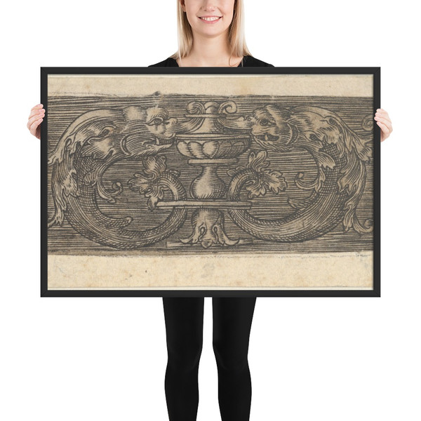 Copy of a Panel with Two Dolphins Facing a Vessel at Center - Jacob Binck - after 1520 - Photo Paper Framed Poster Museum quality 7748124