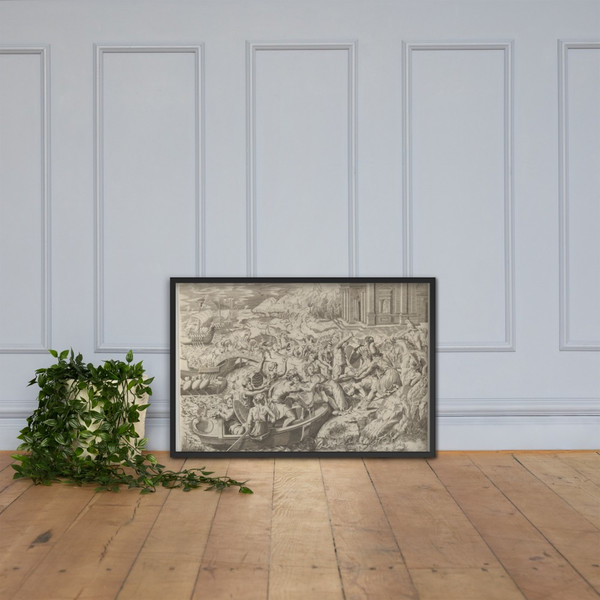 The abduction of Helen; battle scene on a shore with two men pulling Helen into a boat at center and another man pulling on her drapery in the opposite direction - Marco Dente - ca 1520–27 - Photo Paper Framed Poster Museum quality 7746732