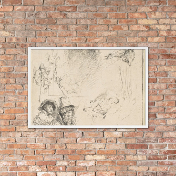 Sheet of Studies with a Woman Lying Ill in Bed, etc. - Rembrandt (Rembrandt van Rijn) - ca. 1641/42 - Matte Paper Framed Poster Museum quality 7738131