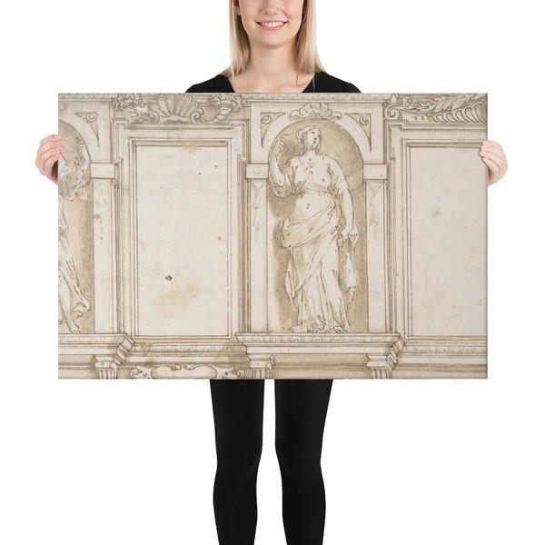 Design for Wall Decoration with Two Female Figures - Il Pomarancio (Niccolò Circignani) - 16th century - Canvas Museum quality 7742937