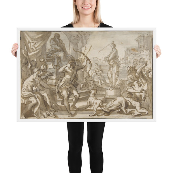 Male Figure with a Bow and Arrow Shooting at a Statue of a Woman with a Ball on her Head - Domenico Piola - 1627–1703 - Matte Paper Framed Poster Museum quality 7745341