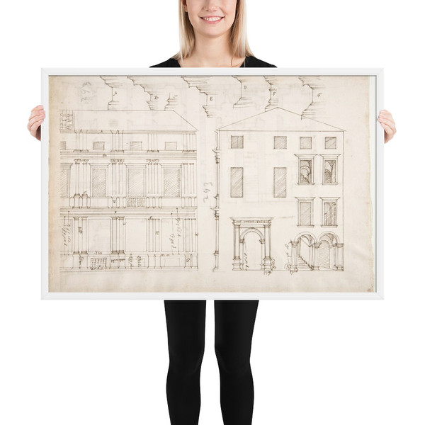 Villa Farnesina, Stables, half front elevation and end elevation (recto) Palazzo Salviati-Adimari, plan (verso) - Anonymous, French, 16th century - early to mid-16th century - Matte Paper Framed Poster Museum quality 7740868