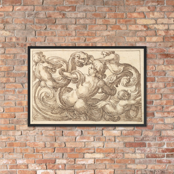 Horizontal Panel Design with Four Hybrid Male Figures and a Fantastical Creature Interspersed between Acanthus Rinceaux - Anonymous, Italian, Venetian, 17th century - 17th century (first half) - Matte Paper Framed Poster Museum quality 7705468