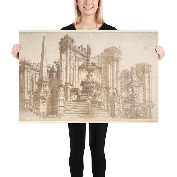 Design for a Stage Set: Semi-Circular Architectural Ruins, Fountains, and an Obelisk. - Ferdinando Galli Bibiena - 1657–1743 - Paper Poster Museum quality 7743123