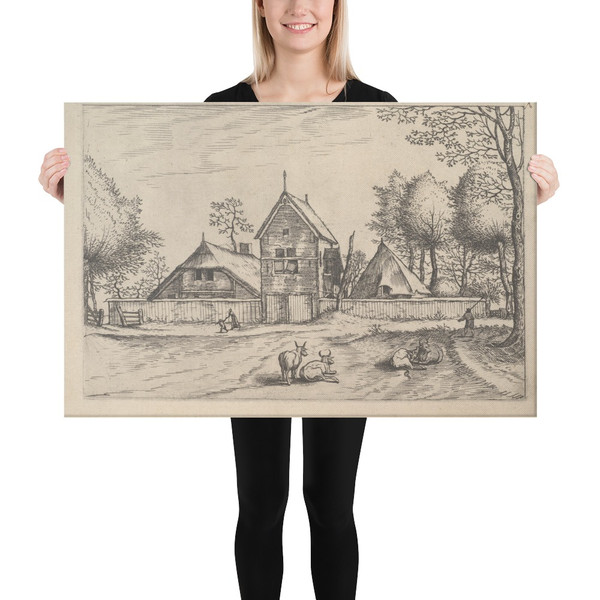 Farmstead, cows and herdsman in the foreground from Praediorum villarum et rusticarum casularum icones elenoantissimae ad vivum in apre deformatae - Johannes van Doetecum I - ca. 1559–61 - Canvas Museum quality 7705299