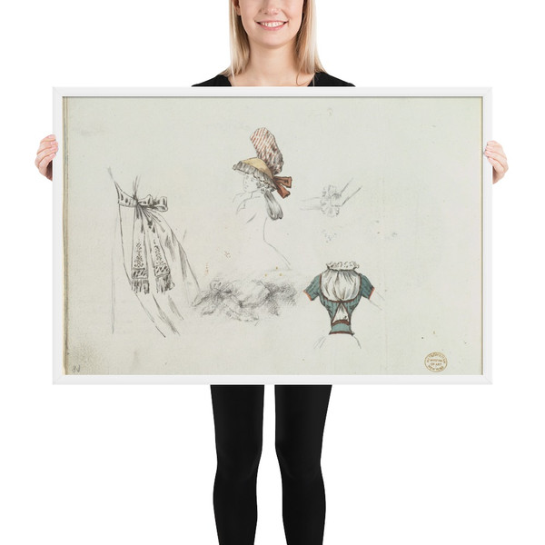 Costume Design Sketches including a Bouffant Skirt, Hat, and Bodice - Anonymous, French, 18th century - ca. 1785–90 - Photo Paper Framed Poster Museum quality 7723544