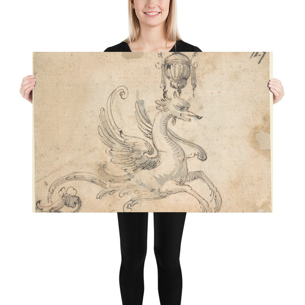 Winged Hippocamp supporting a Vase (recto); Figure Studies and Architectural Design (verso) - Anonymous, Italian, 16th to early 17th century - 16th–early 17th century - Paper Poster Museum quality 7746713