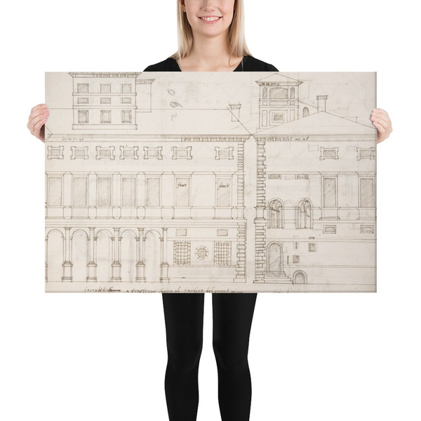 Palazzo Salviati-Adimari elevations (recto) Villa Farnesina stables, plan and section; drawing of a screw (verso) - Anonymous, French, 16th century - early to mid-16th century - Canvas Museum quality 7740770