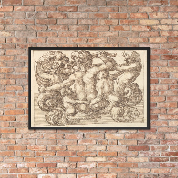Horizontal Panel Design with Five Hybrid Creatures and a Lion. - Anonymous, Italian, Venetian, 17th century - 17th century (first half) - Photo Paper Framed Poster Museum quality 7705465
