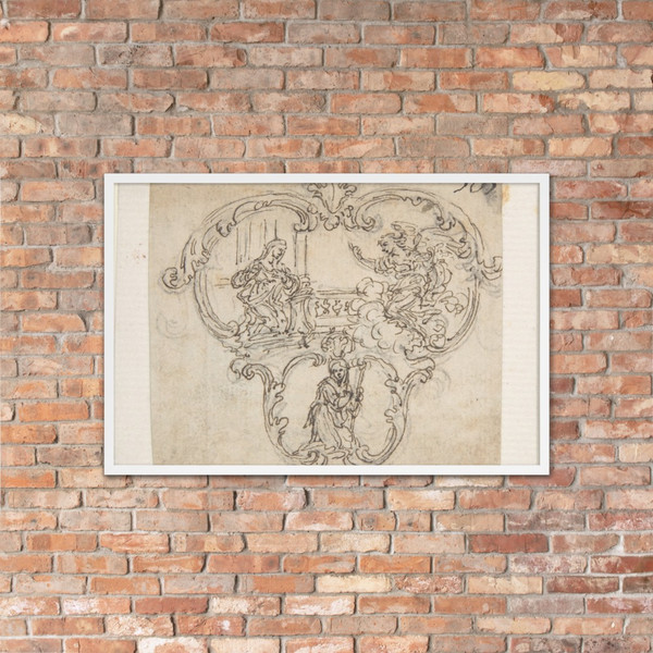 Design for a Cartouche with an Annunication above and a Kneeling Figure with Staff Below. - Giovanni Battista Foggini - 1652–1725 - Photo Paper Framed Poster Museum quality 7741298